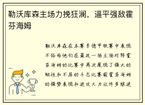 勒沃库森主场力挽狂澜，逼平强敌霍芬海姆