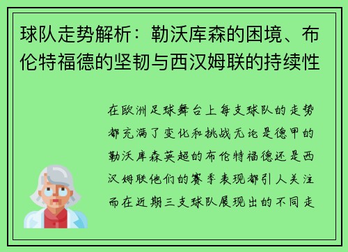 球队走势解析：勒沃库森的困境、布伦特福德的坚韧与西汉姆联的持续性