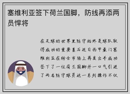 塞维利亚签下荷兰国脚，防线再添两员悍将