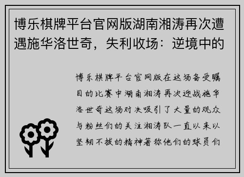 博乐棋牌平台官网版湖南湘涛再次遭遇施华洛世奇，失利收场：逆境中的奋力拼搏与期待